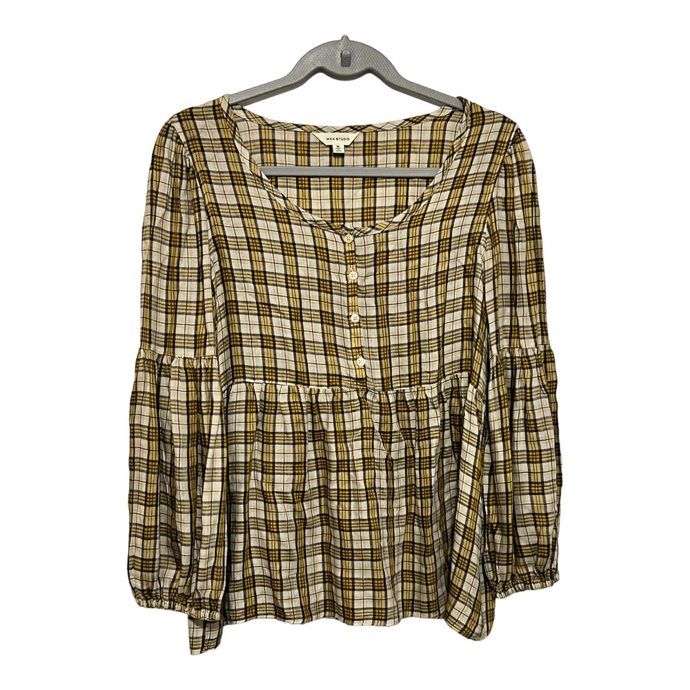 Max Studio Flowy 3/4 Sleeve Light Weight Plaid Top Size Medium